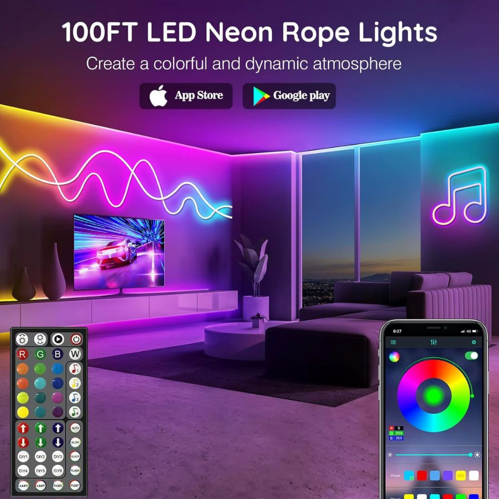 Bande LED Néon Flexible RGB 5m avec Bluetooth et USB – شريط إضاءة نيون مرن بطول 5 أمتار مع بلوتوث