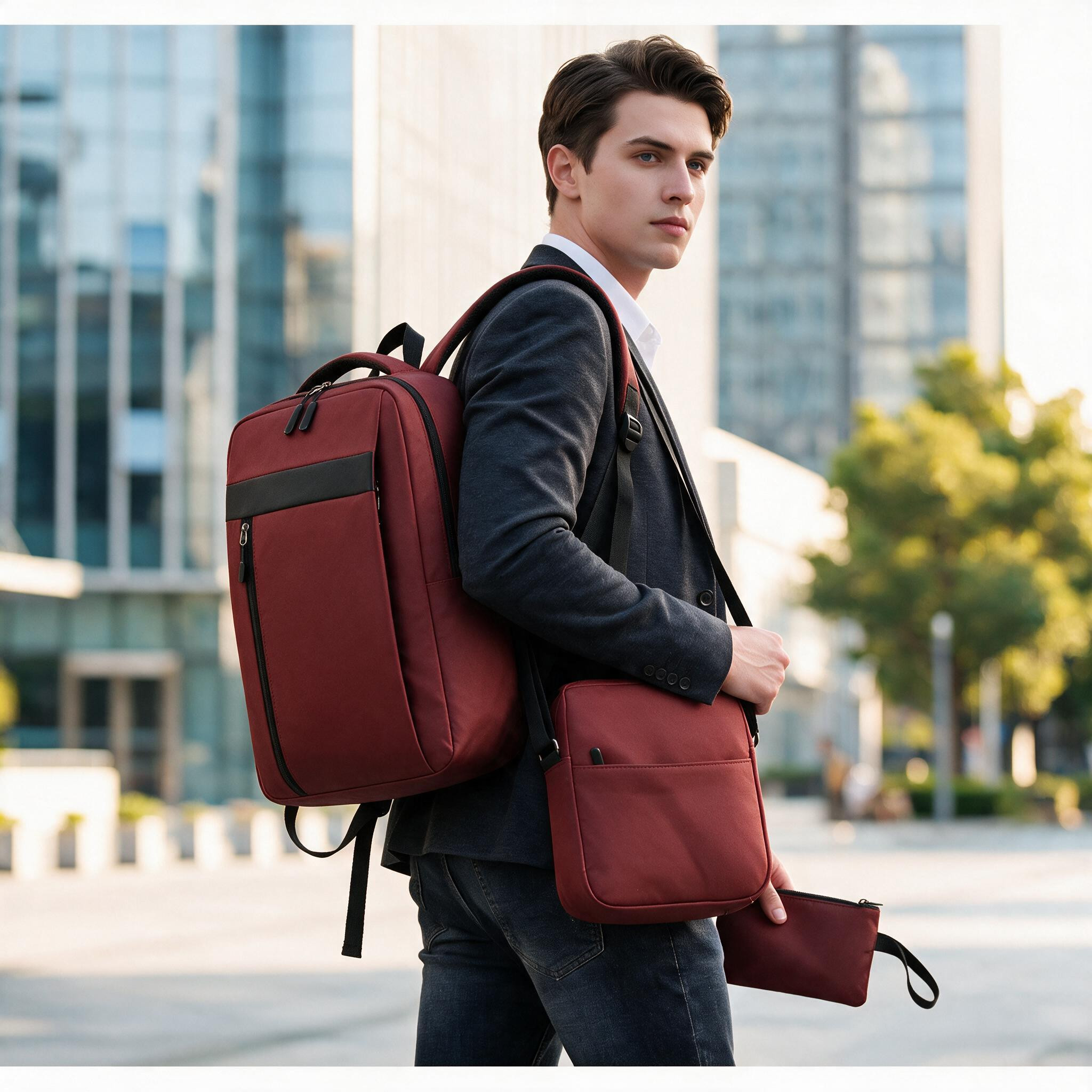 Ensemble 3 PCS sac a dos Élégant et Imperméable pour Homme Avec Port USB Grenat Mat-02 - طقم حقائب رجالية أنيقة 3 في 1 مع منفذ شحن