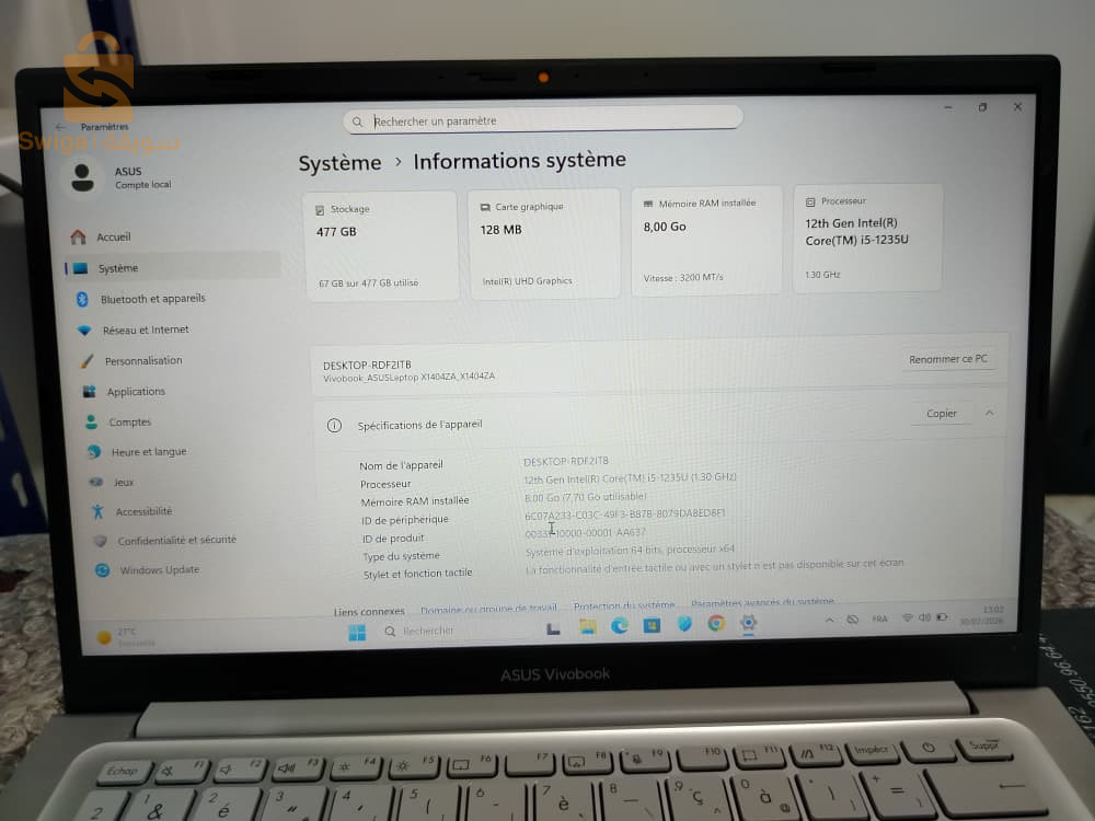 PC européen caba ASUS Vivobook X1404Z – i5-1235U / 8 Go DDR4 / 512 Go SSD NVMe / 14″ FHD