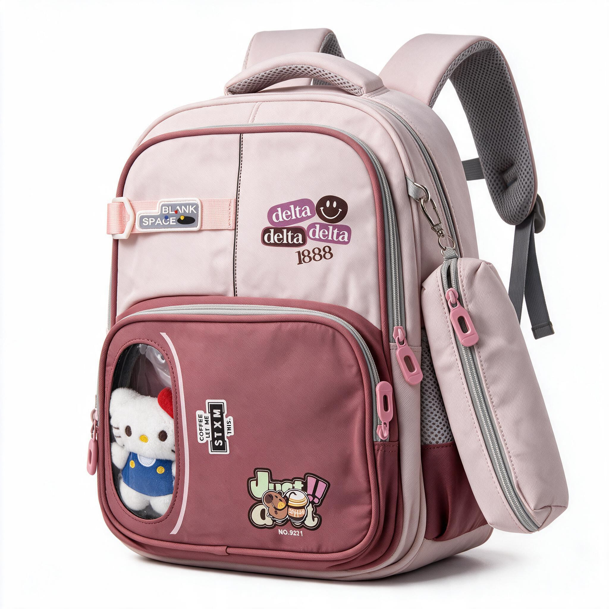 Sac à Dos Scolaire Delta Design Ergonomique avec Trousse et Pendentif Ours Inclus Rose SACKDS35RS - حقيبة ظهر مدرسية عصرية مع مقلمة مدمجة