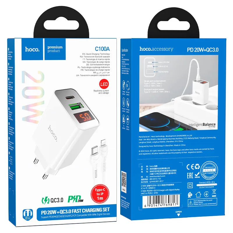 Chargeur mural “C100A” PD20W + QC3.0 EU set avec câble